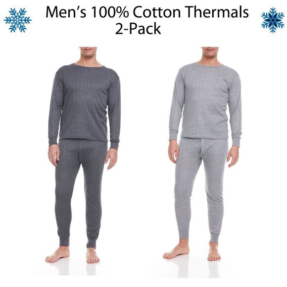 Men's Thermals Set 100% Cotton Fleece Long Johns Warm Winter Baselayer 2-PACK - Picture 1 of 10